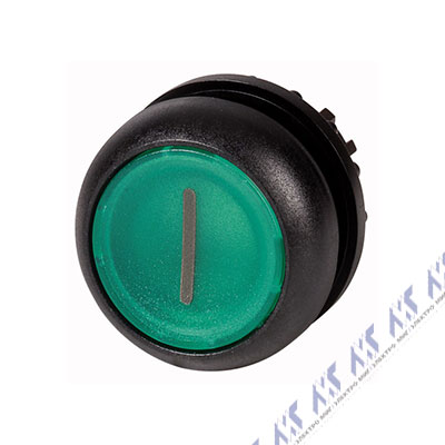 Головка кнопки с подсветкой, без фиксации, цвет зеленый с обозначением I, черное лицевое кольцо M22S-DL-G-X1