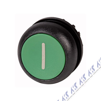 Головка кнопки без фиксации, цвет зеленый с обозначение I, черное лицевое кольцо Eaton M22S-D-G-X1