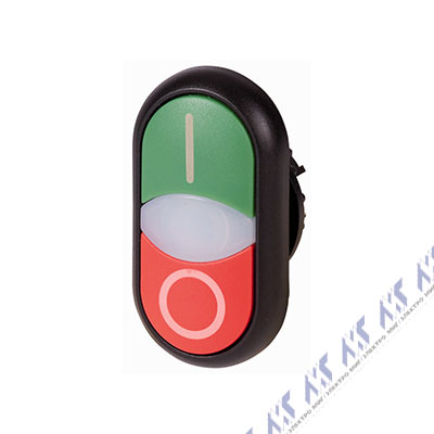 Двойная кнопка с сигнальной лампой, лампа и кнопка I - плоские, кнопка О выступающая, черное лицевое кольцо Eaton M22S-DDLM-GR-X1/X0