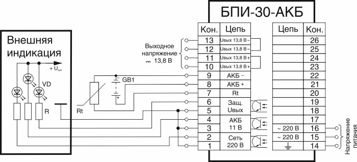 Электрические подключения БПИ-30-АКБ (с подключением выходов оптопар к светодиодам)